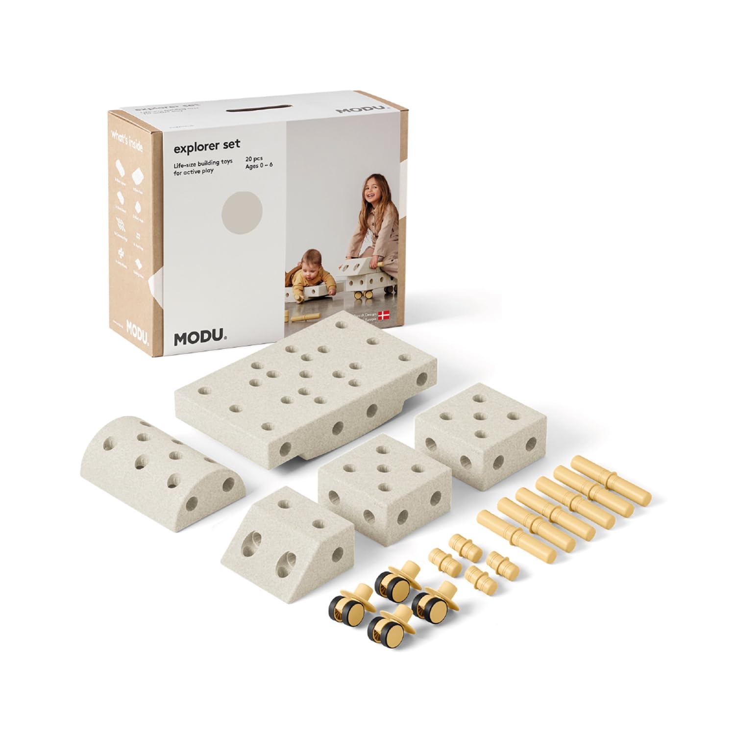 Zabawka marki Modu. Model 20-częściowy. Zestaw startowy Modu Playsystem Explorer von 0-6 Jahre - piaskowy szary/miód Yello