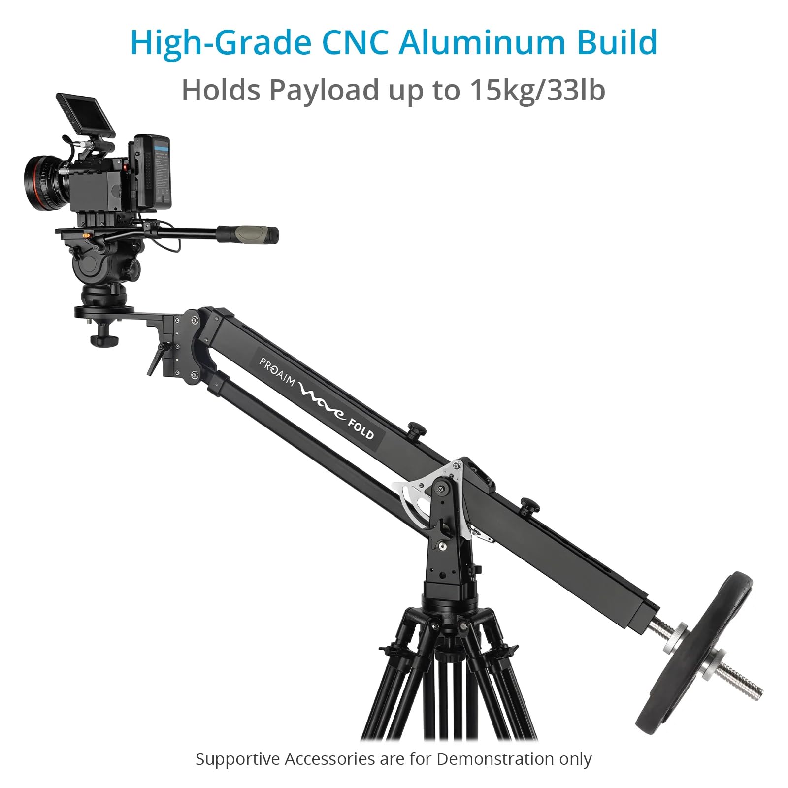 PROAIM 2,2 m Wave Fold Videokamera Auslegerkran 15 kg Nutzlast 100 mm Kamera & Stativ Montage Schneller Schwalbenschwanz-Mechanismus Teleskop-Drehverstellungen vorne und hinten (JB-WVFD-01)