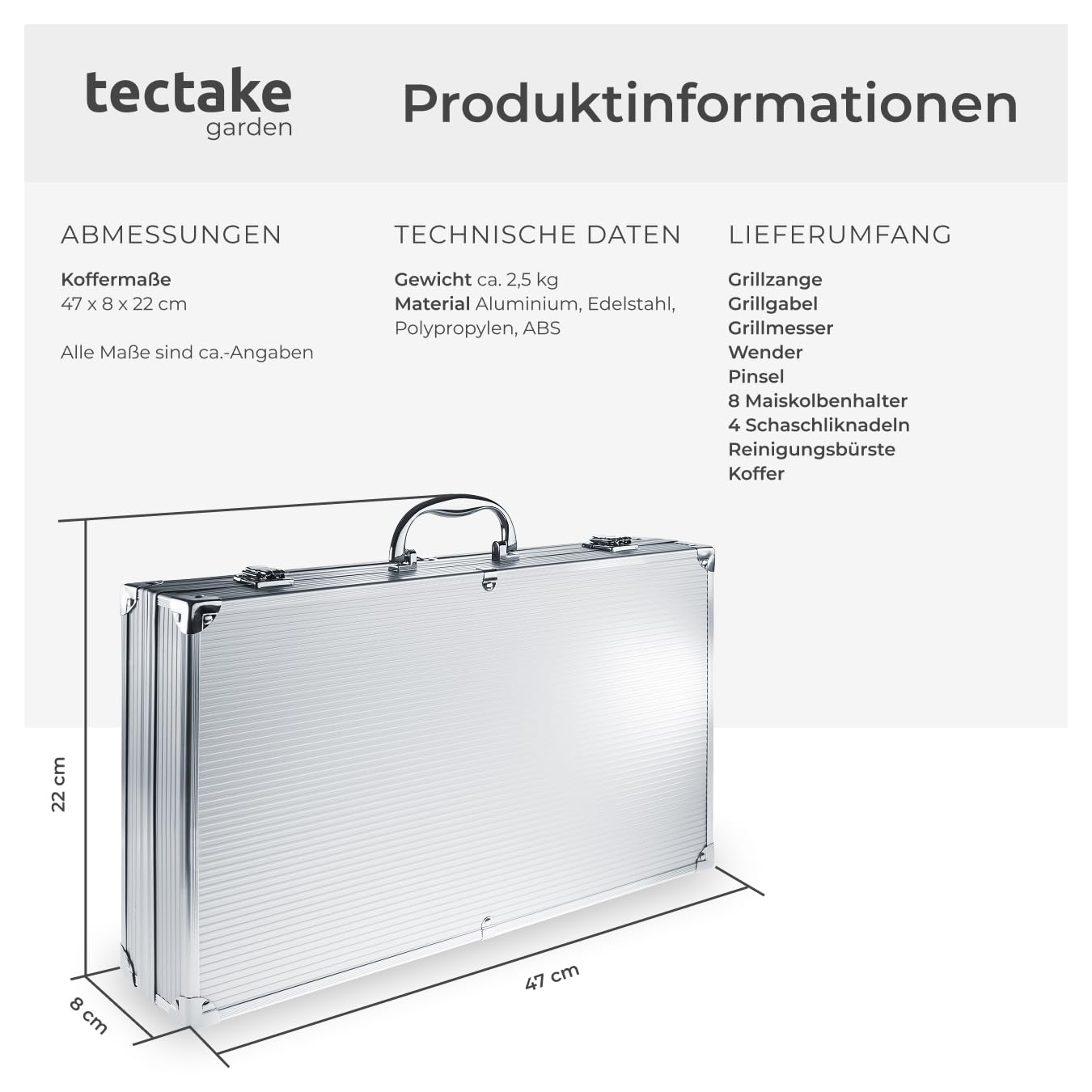 tectake® 18-TLG. Edelstahl Grillbesteck im Aluminium Koffer, Grillzubehör für Kugelgrill, Smoker, Kohlegrill, im Garten, beim Camping, als Geschenke für Männer, inkl. Fleischgabel, für Schaschlikgrill