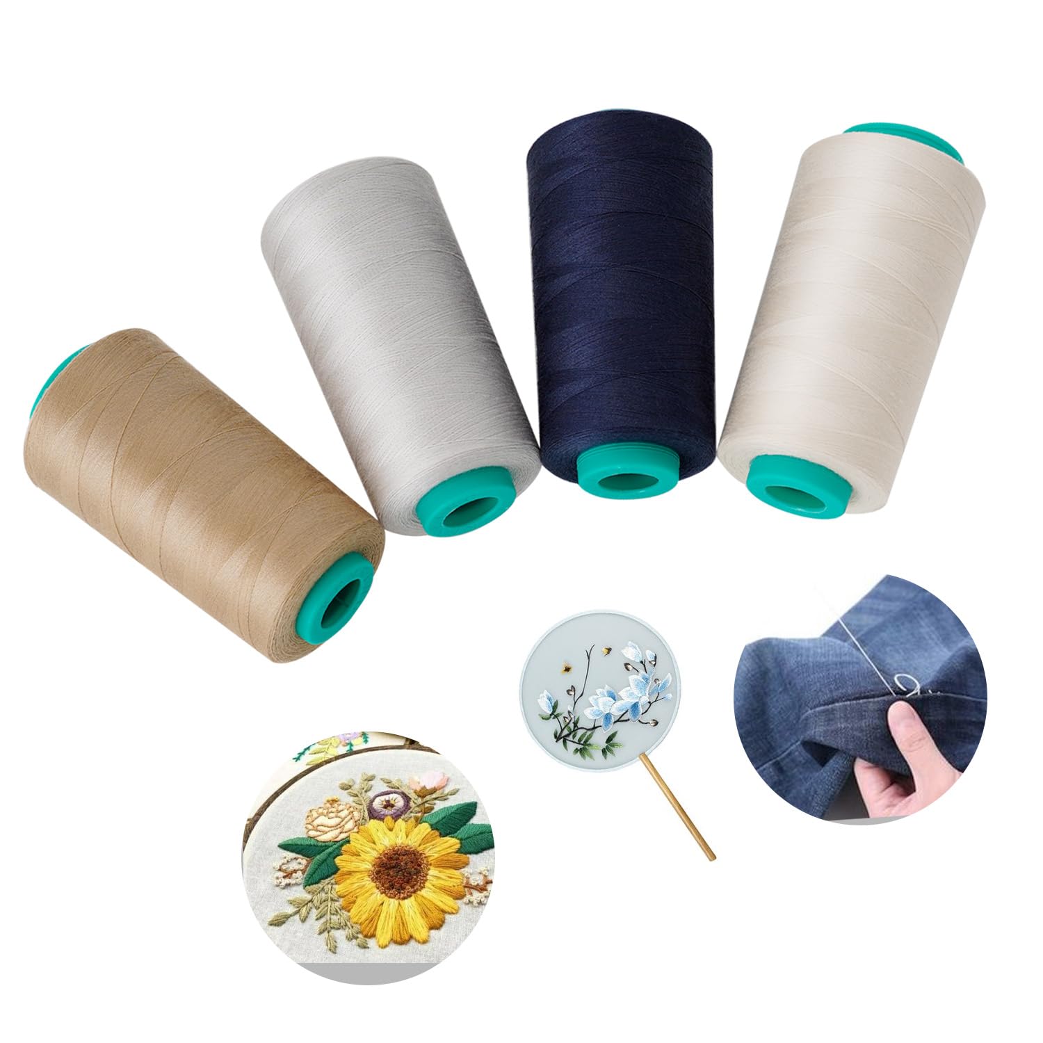 Conos de hilo de coser, paquete de 4 unidades, 3000 yardas, hilo de poliéster multiusos para coser, acolchar, máquinas de soldar, overlock, bordado (caqui, azul marino, gris claro, beige)
