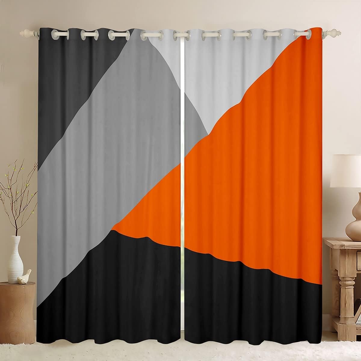Orange Gray Window Curtains 38"Wx54"L Patchwork Geometric