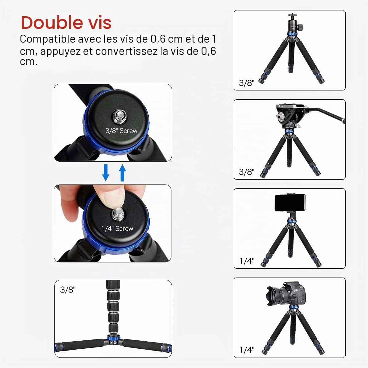 Koolehaoda Caméra Mini Trépied Alliage d'aluminium Trépied de Table avec Montage à vis 1/4 et 3/8 pour Appareil Photo Reflex numérique,Magnétoscope,Téléphone Portable - (MT-03)