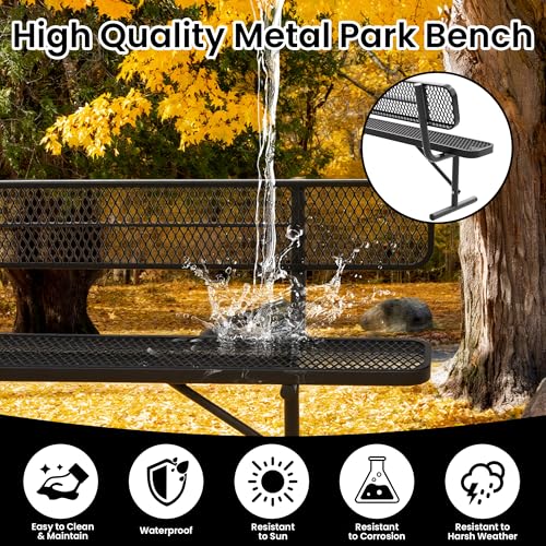 Image of 4 FT Heavy Duty Metal Park Bench for Outside, Outdoor Benches Weatherproof Black Bench with Backrest & Portable Frame, 1-3 Person Seat-Commercial Benches Garden Benches for Outdoors