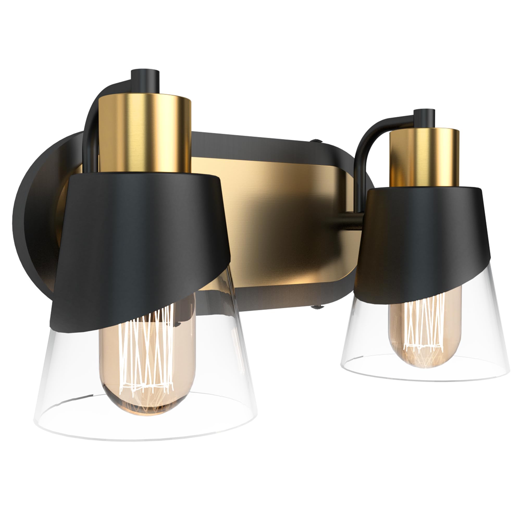 URSOLA 2 Lights Bathroom Vanity Light, Bathroom Lighting Fixtures Over Mirror, 13.8 inch Bathroom Light Fixtures Black and Gold with Bevelled Edge and Clear Glass Shade Wall Lamp