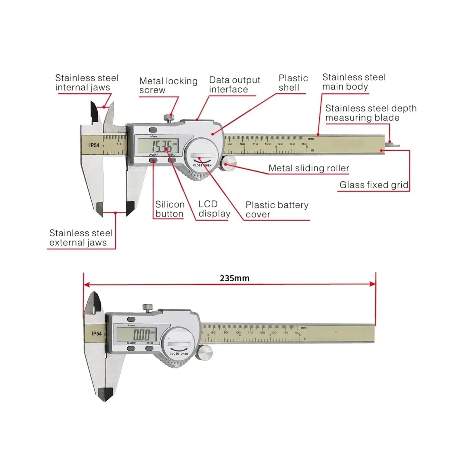 Calibradores digitales, Calibradores 0-300 mm Digital Vernier Caliper IP54 Micrómetro impermeable Medidor 0.01 Medición de precisión(0-300m)