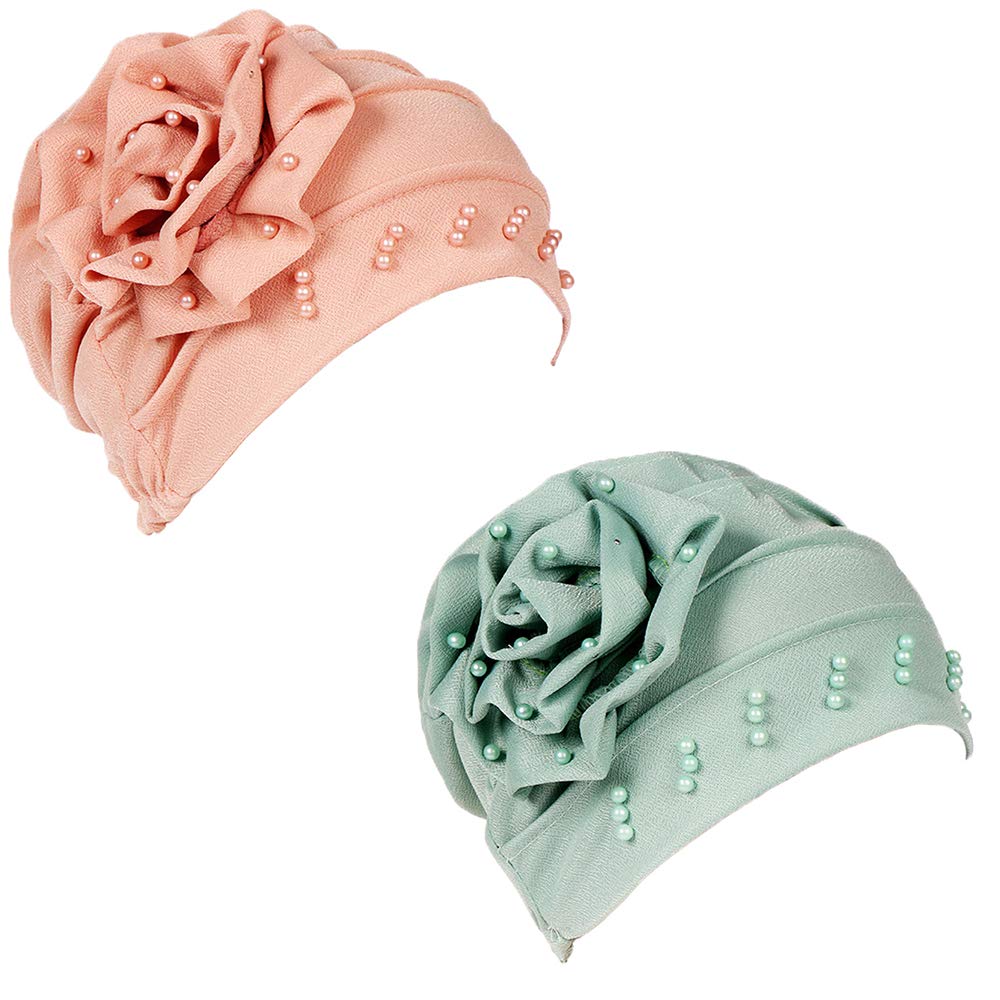 Zuochen Women's Pink+Lake Green Turban Cotton Scarf Head Wrap Scarfs For Hat Beading Pearl Rose Detail (Pink+Lake Green)
