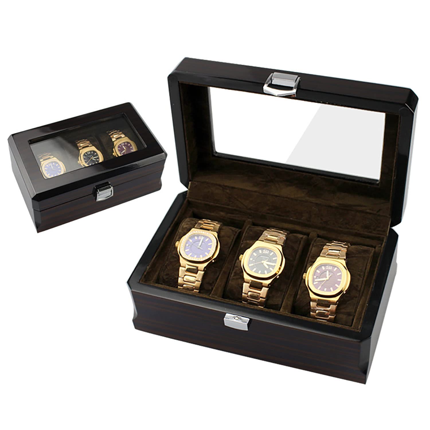 GuolichGuolich Watch Storage Box 3 Slot Watch Display Stand Case Black Solid Wood Jewelry Bracelet Favorites with Glass Cover