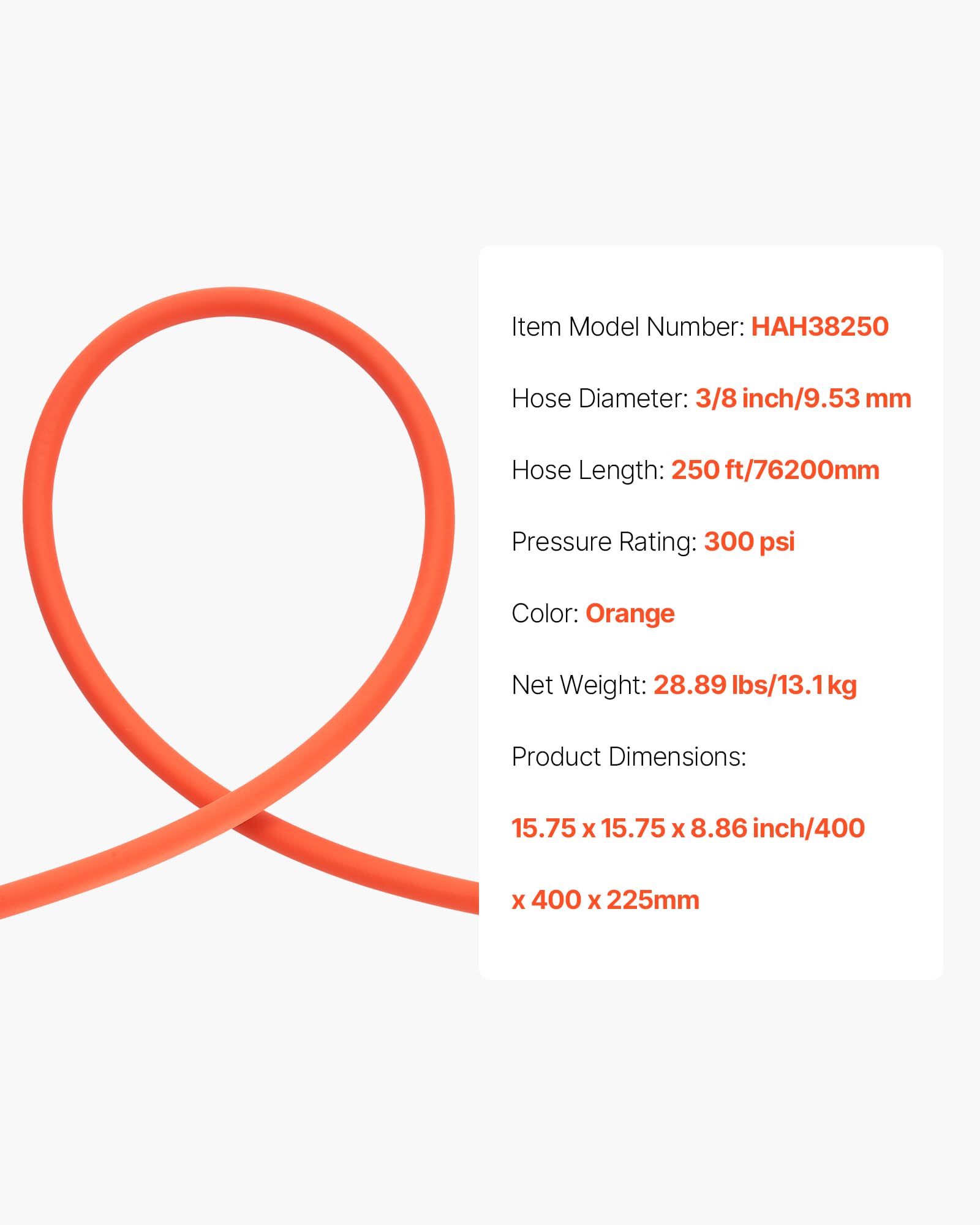 VEVOR Manguera de Aire Híbrida Flexible, 9,53 mm de Diámetro y 7620 cm de Longitud, Tubo Neumático de 20,68 bar con Material Híbrido de Tres Capas para Automóviles, Hogar y Construcción, Naranja