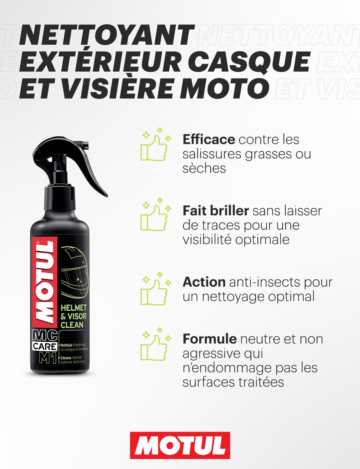 Motul - Kit de Nettoyage Casque Moto - Nettoyant Extérieur Casque et Visière Moto + Nettoyant Intérieur + Chiffon en Microfibre - MC Care Helmet & Visor Clean M1 - MC Care Helmet Interior Clean M2