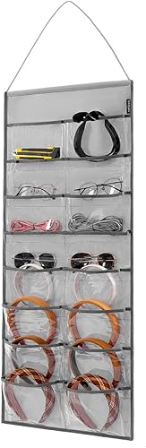 Organizador de diadema para colgar en la pared, cintas para el cabello, accesorios para el cabello con bolsillos transparentes (gris, 16 bolsillos)