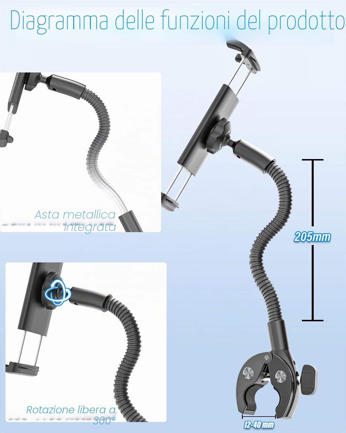 Tapis Roulant Cyclette Spin Bike Supporto - [Metallo a Collo Oca], Supporto Tablet Moto, Porta Bicicletta per iPad 2024 iPad Mini Air, 4.7-12.9" Tablet Cellulari