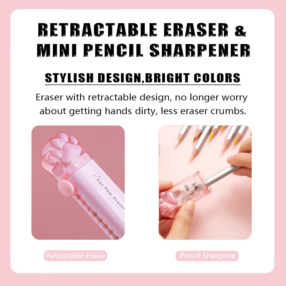 Cute Pink School Supplies, Kawaii Stationary Set, Japanese Stationery Birthday GIFS, Includes Pencil Sharpener,Eraser, Correction Tape, Ruler, Mini Scissors,Utility Knife, for Office Supplies: Set A