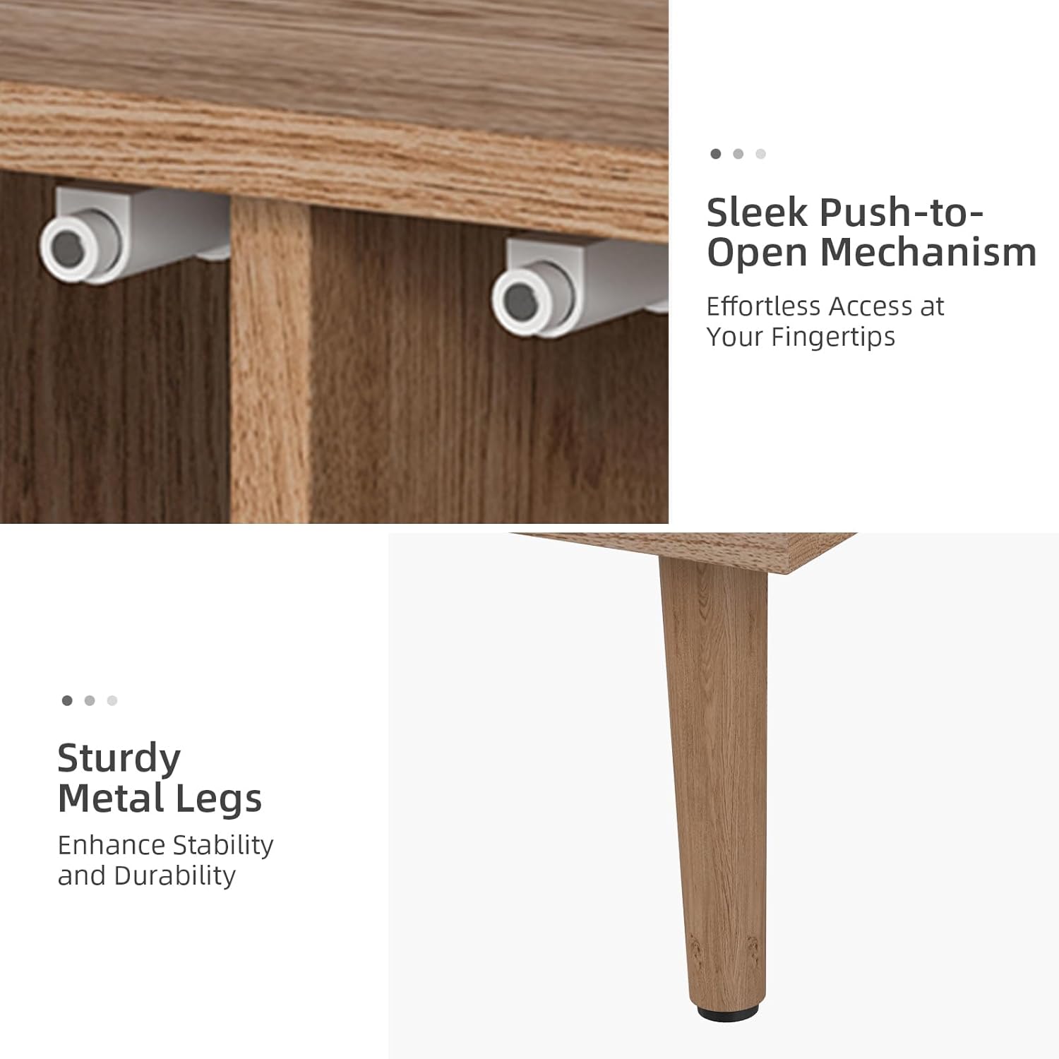 Close-up of the sleek push-to-open mechanism and sturdy metal legs of the HULALA HOME Sideboard