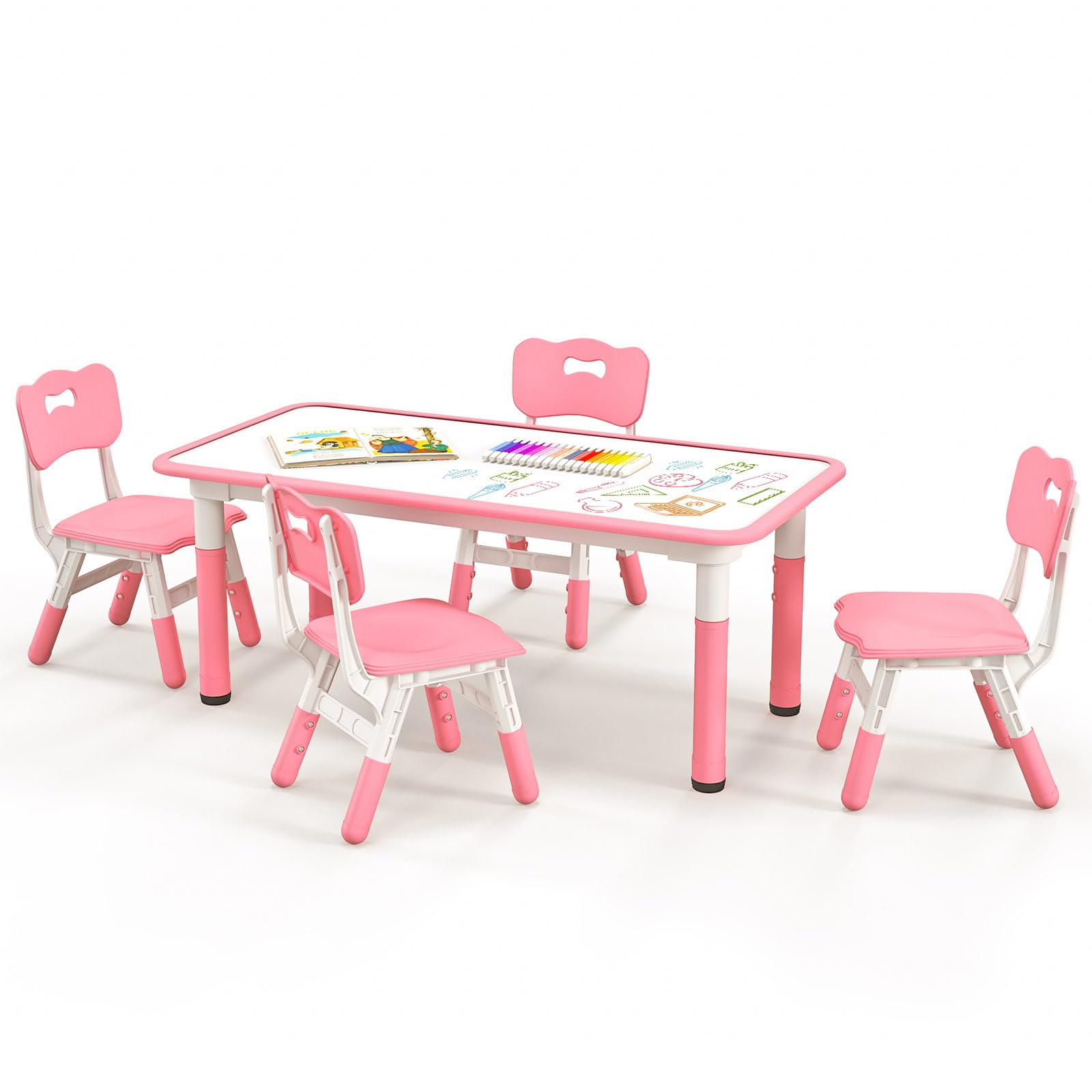 COSTWAY Set Tavolo e 4 Seide per Bambini, Scrivania Regolabile in Altezza con Piano Graffiti, Gambe Antiscivolo, Mobile Multifuzione con 4 Posti per Cameretta, Asilo e Scuola (Rosa)