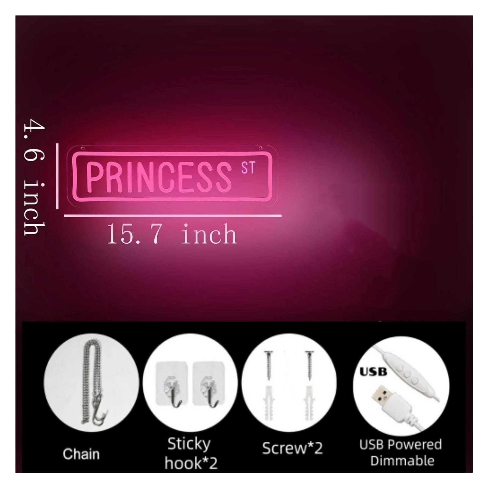 Wiszące neony artystyczne "Princess" Neonowy Wyłącznik Ściemniacza USB Do Baru Cafe Gaming Room Dekoracje Sypialni 15,7x4,6 Cala