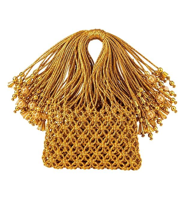 Handmade Golden Macrame Potli Bag for Women | Ethnic Wedding Clutch Purse with Tassel & Pearl Detailing | Traditional Handbag for Saree, Lehenga & Festive Look-image-24