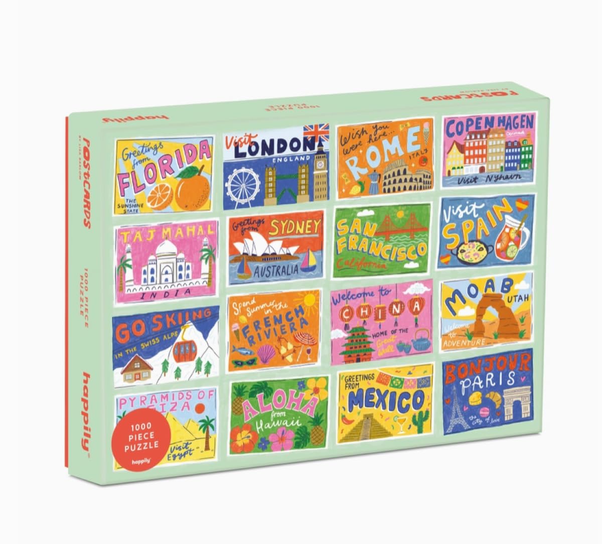 Happily Postcards 1000 Piece Jigsaw Puzzle | Colourful Travel Postcard Puzzle for Adults | Scenic Holiday Puzzle Gift