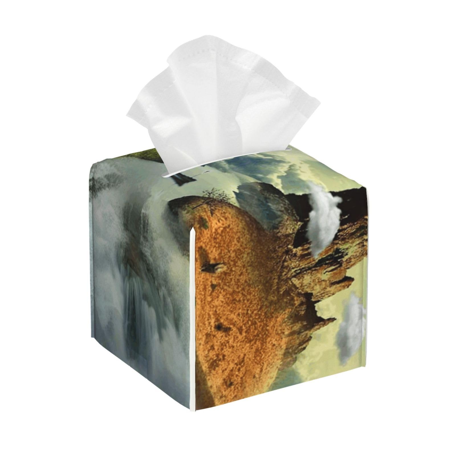 Fantasy Book Nature Scenery Magic Book Floating On Clouds Mountain Waterfall PVC Cube Tissue Pack for Home Office Bathroom Use