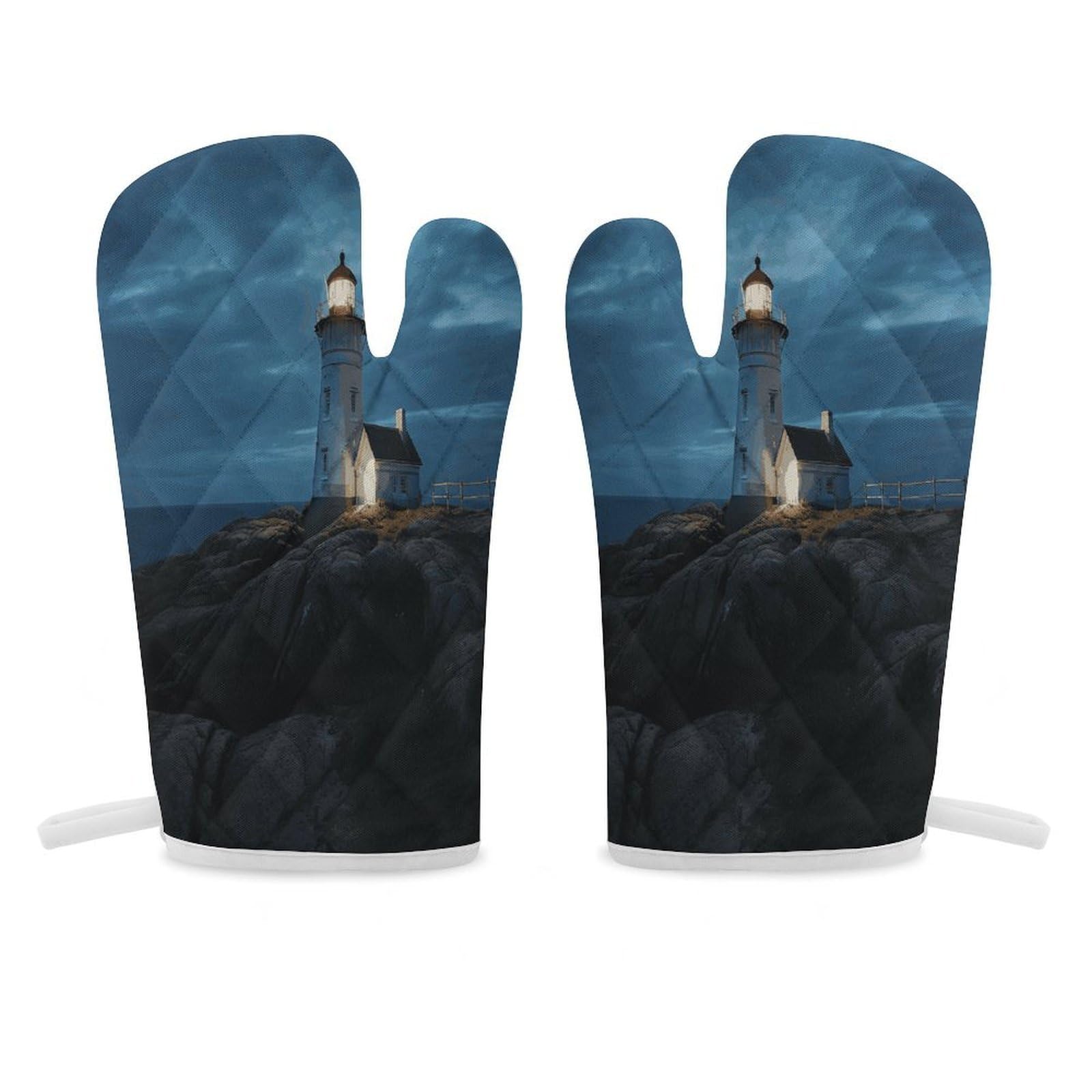 Lighthouse at Night Oven Mitt Heat Resistant Potholder Set,Durable Oven Gloves for Gifts,Glove Pot Holder for Cooking Baking Grilling BBQ