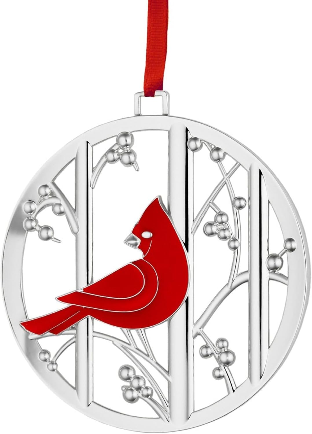 Nambé Cardinal Ornament – Bold Red Bird Holiday Decoration, Nature-Inspired Spiritual Christmas Tree Accent with Silver Plate Branch Design, Festive Seasonal Hanging Charm for Home Décor, 3.5" L