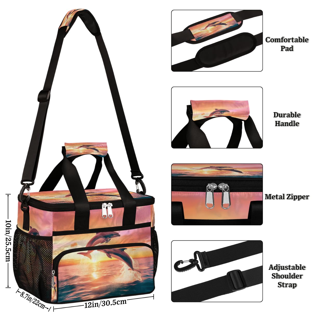 Beach Dolphins Insulated Picnic Backpack Lunch Box for Women Men Picnic Basket Tote Lunch Bag Picnic Bag Portable Lunch Bags for Picnic, Beach, Work, Trip,Office, Camp Aquatic Animal Dolphin