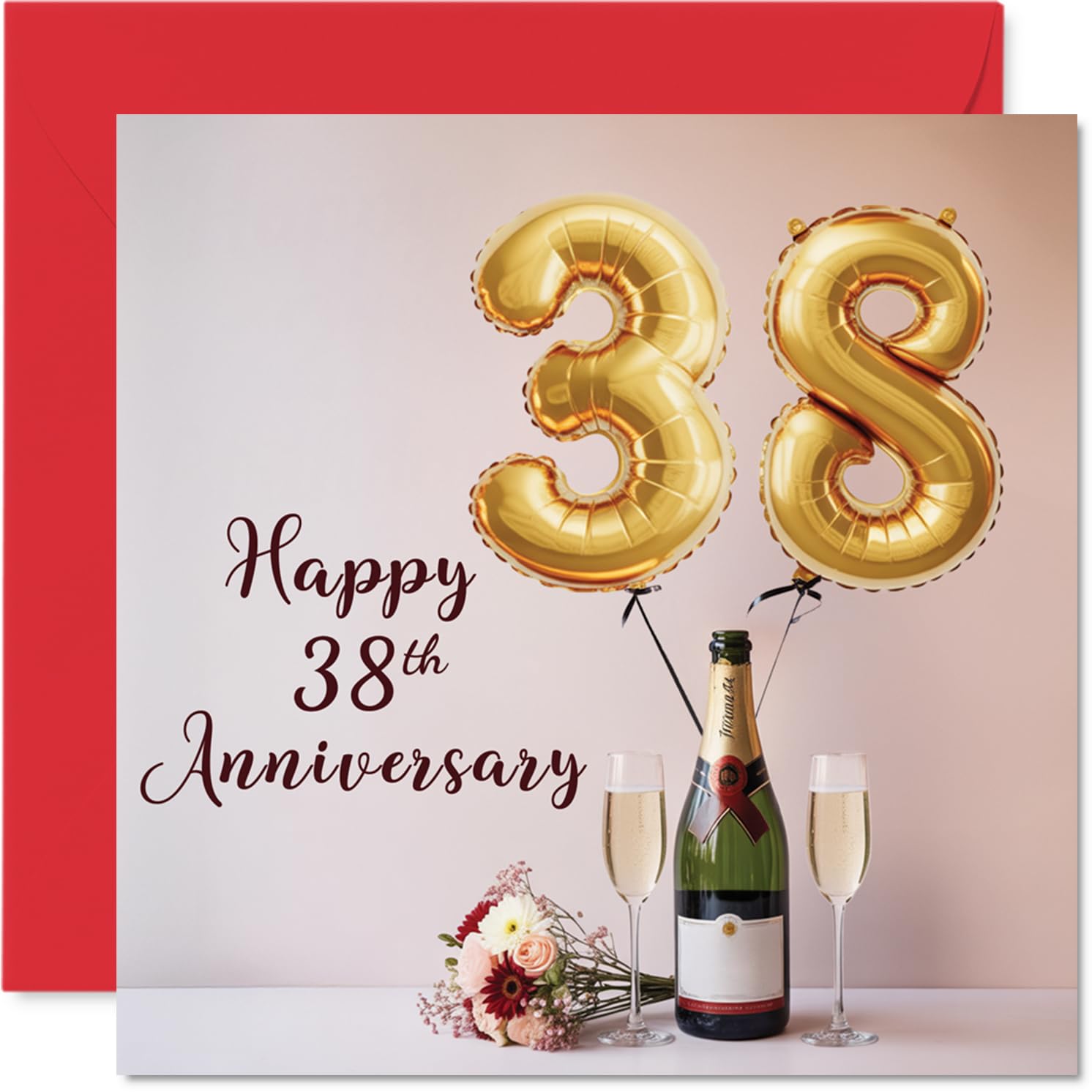 38th Anniversary Card for Women Men - Balloons & Bottle of Bubbly - Happy 38 Year Anniversary Card for Girlfriend Partner Wife Husband, 145mm Wedding Anniversaries Greeting Cards