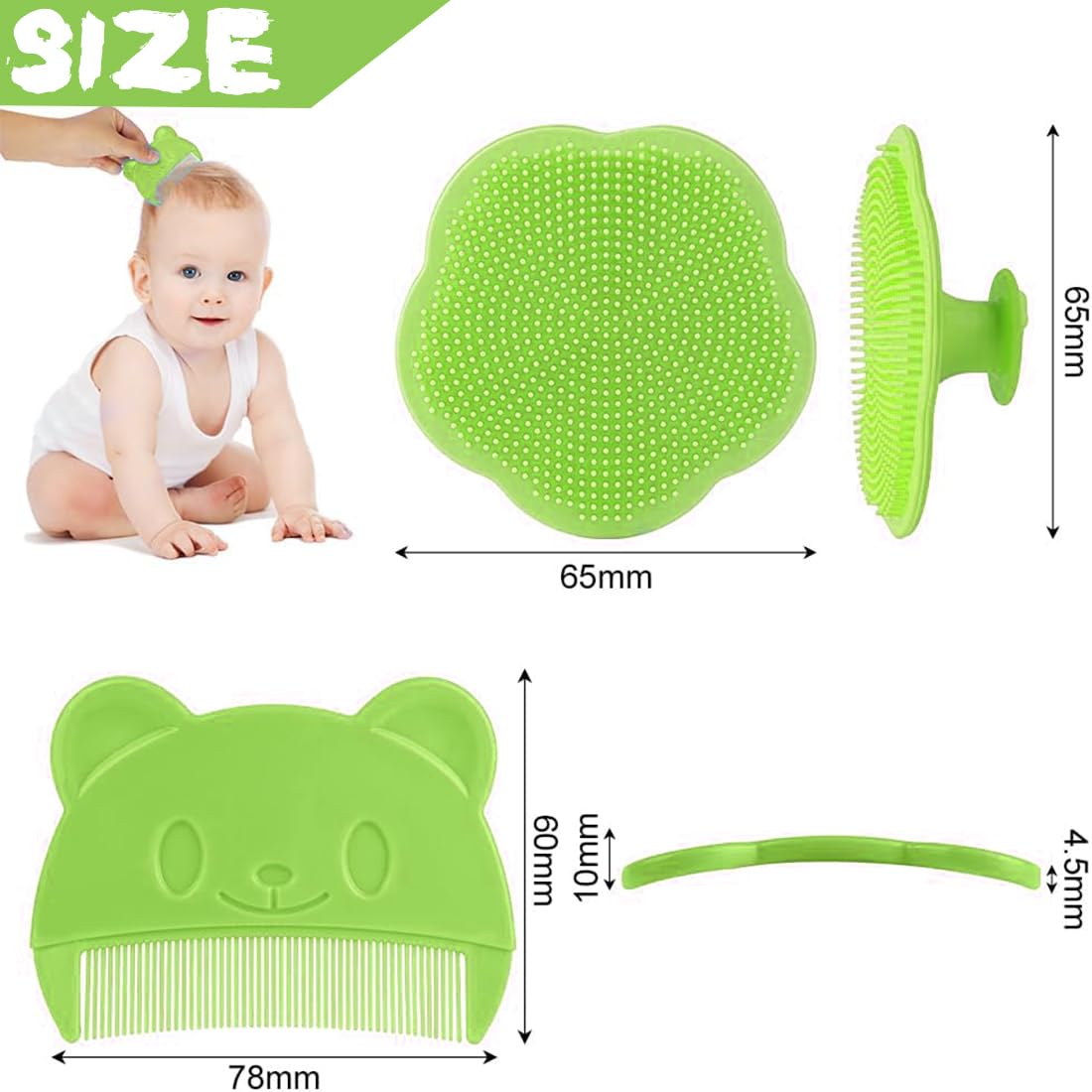 Brosse et peigne pour croûtes de lait (2PCS) - Brosse en silicone pour le bain de bébé, Peigne à Cheveux pour Bébé, Peigne à cheveux sensoriel doux avec poils doux en silicone Outil de bain (Vert)