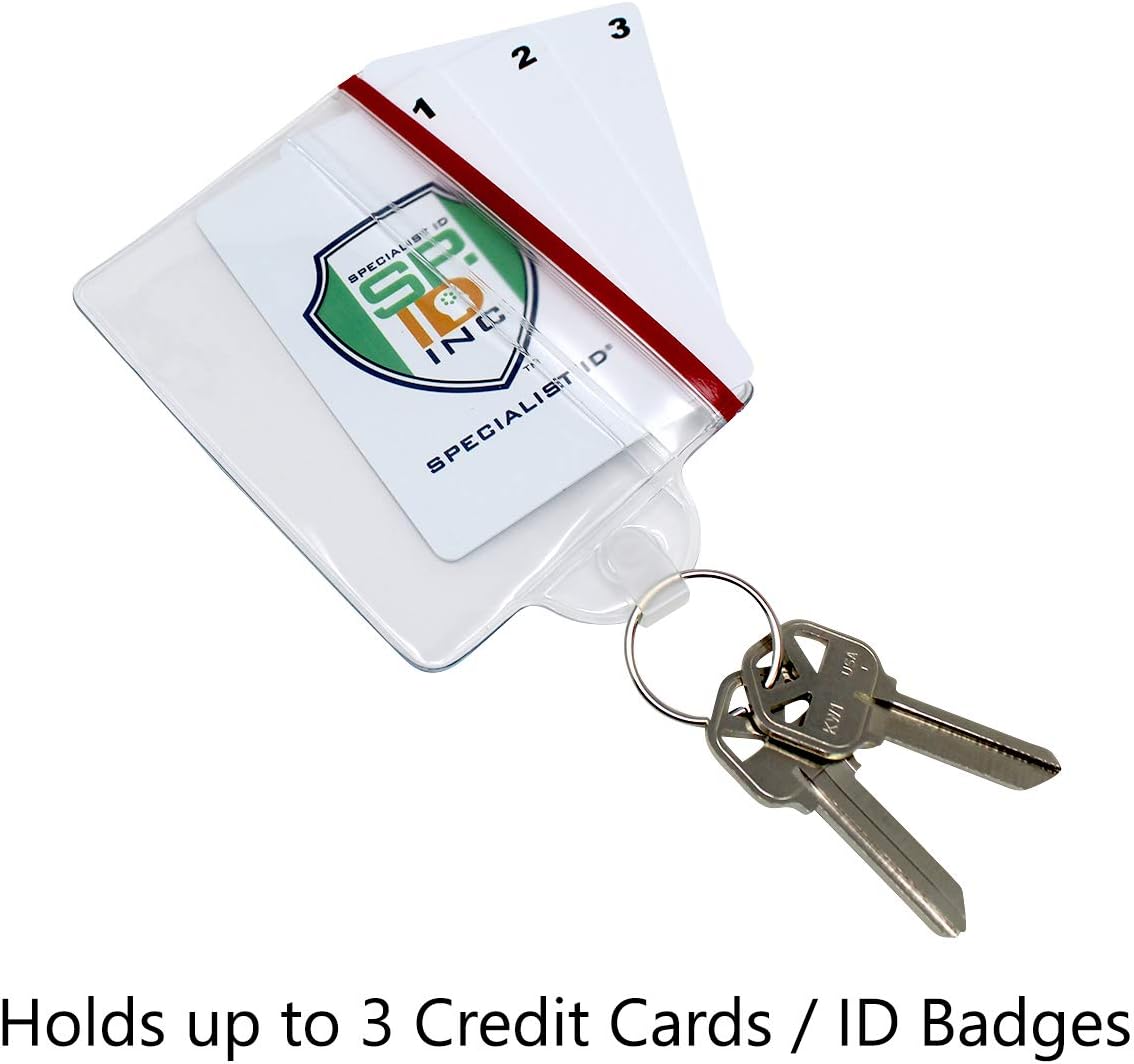 Bulk 100 Pack - Water Resistant Resealable Badge Holders with Key Ring and Zip Seal for College Student ID, Fuel Card ID Badge - Keychain Card Holder by Specialist ID