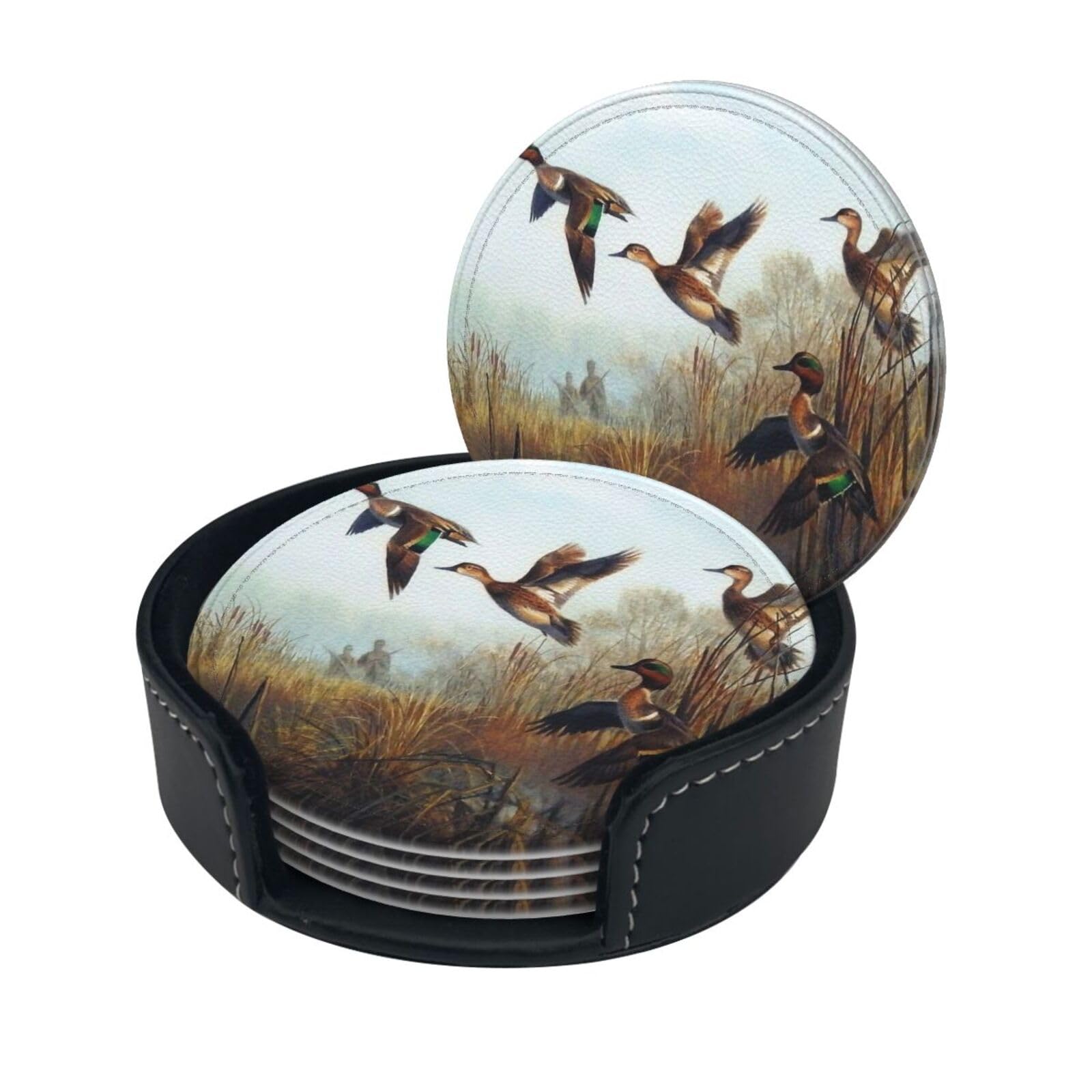 Hunting Flying Wild Drink Coasters Set of 6 with Holder Decorative Round Cup Coasters for Coffee Table Kitchen Office Bar