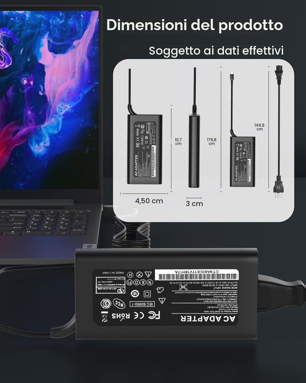 Caricatore 140W USB C per Lenovo IdeaPad Pro 5 Legion 9 Yoga Pro 7 9 | Lenovo Y9000P R9000P Y7000P R7000P Legion Pro 5 5i 7 7i ThinkPad Z16 Yoga Slim 7 5 USB C Adaptador