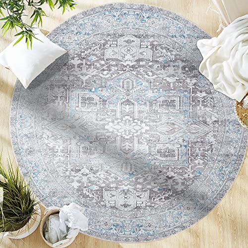 GLN Rugs Vintage Collection - Machine Washable Area Rug, Vintage Washable, Non Slip, Low Pile Rug, Living Room, Bedroom, Bathroom Rug - Easy Clean (5'3' Round Blue and Gray)
