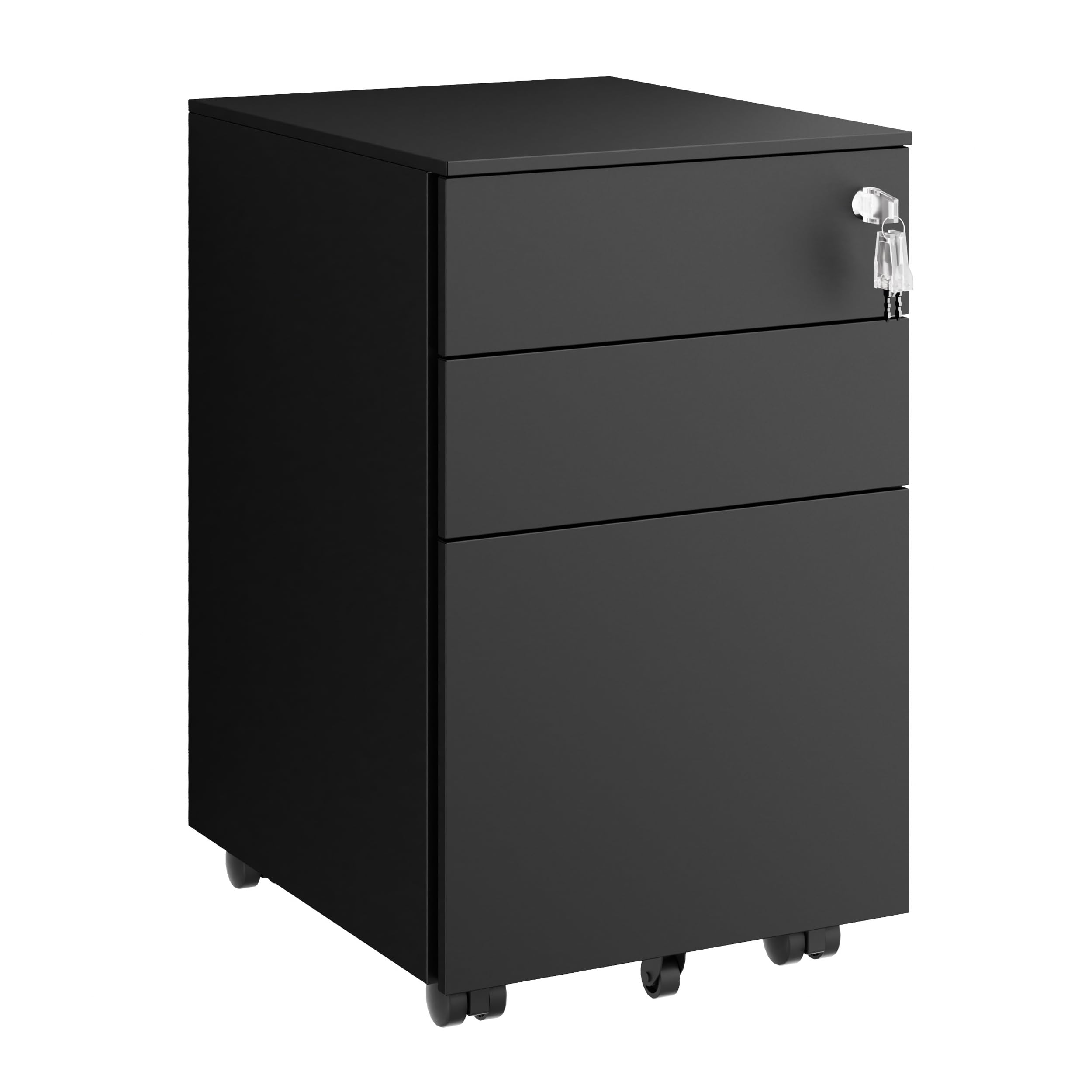 LVSTEEL 3-Drawer Mobile Filing Cabinet with Lock, Steel Office File Cabinet on Wheels, Under Desk Metal Cabinet for A4/Letter/Legal, Fully Assembled, Black, 37x44x60cm