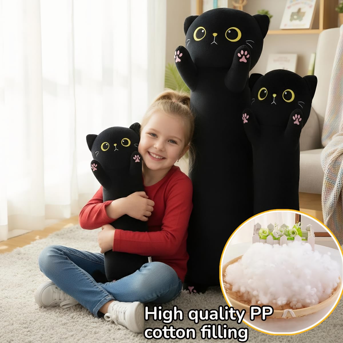 Peluche Chat Noir Long Coussin Corporel, Peluche Animale Douce et Moelleuse, Grand Chat en Peluche Cadeau d'anniversaire pour Garçons et Filles (Black, 110cm/43.31in)