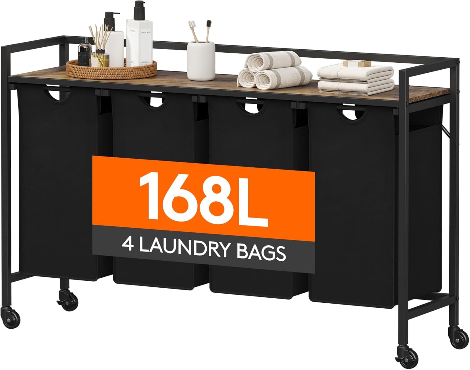 Lifewit Laundry Hamper 4 Section, 168L Pull out Laundry Clothes Basket Organizer with Large Top Shelf and 4 Removable Bags and Handles for Laundry Room Bedroom Bathroom, Black with Wheels Black Laundry hamper with wheels