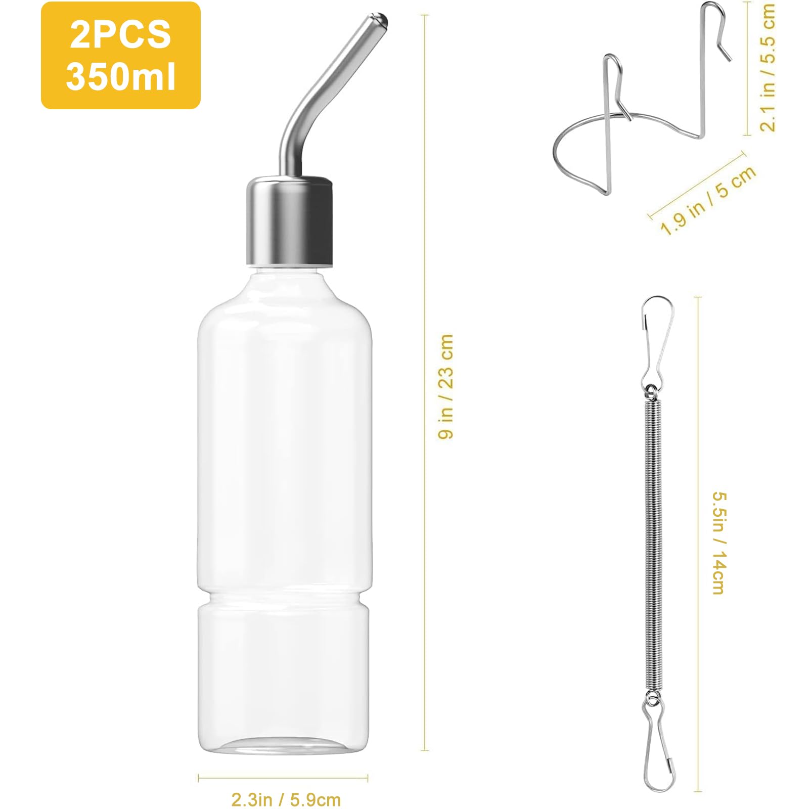 2 PCS 350ml Rabbit Water Bottles, Pet Drinking Hanging Bottle with Hook Spring for Small Animal, Squirrel, Rabbit, Chinchilla, Guinea Pig, Hamster, Golden Bear - Image 2