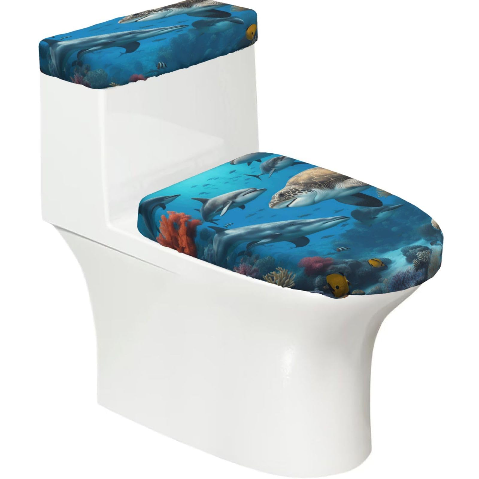 Dolphins Sea Turtle Shark Octopus Coral Reef Printed Toilet Tank and Lid Cover Set of 2 for Most Bathrooms, Fits Elongated Round Toilets