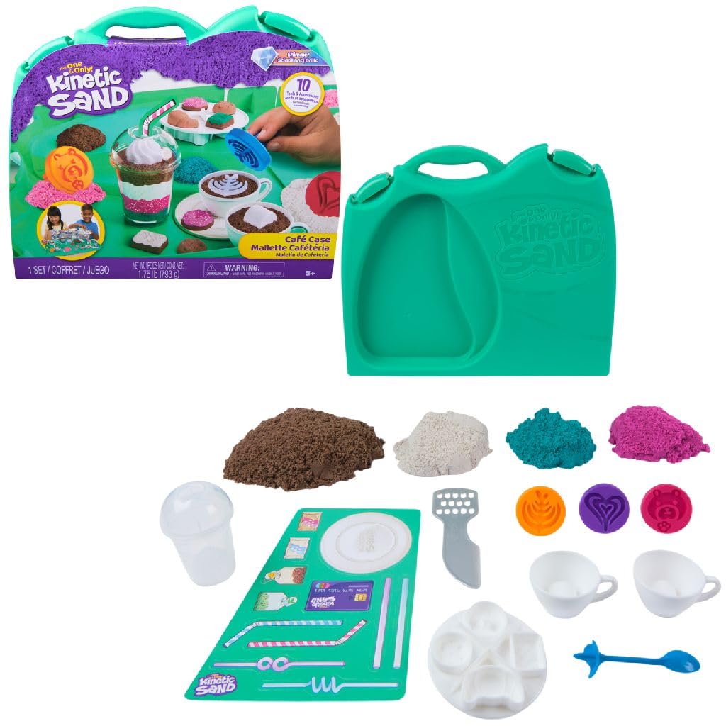 Kinetic Sand, Kawiarnia z piaskiem do zabawy 793 g w 4 kolorach, 9 narzędzi i form, do przechowywania, zabawki dla dzieci dla dziewcząt i chłopców w wieku od 5 lat