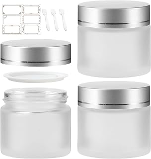 2 oz Frosted Round Glass Jars, Pack of 3 with Silver Plastic Lids, Cosmetics Containers for Face Cream Lotion, Powder, Candle, Spice, Body Butter