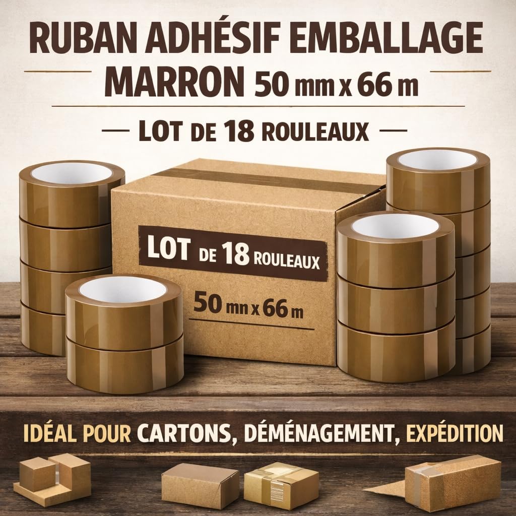Générique Ruban Adhésif Emballage Marron 50 mm x 66 m – Lot de 18 Rouleaux – Adhésif PVC Ultra Résistant 32 Microns – Ruban d’Emballage Transparent pour Cartons, Déménagement, Colis et Expédition