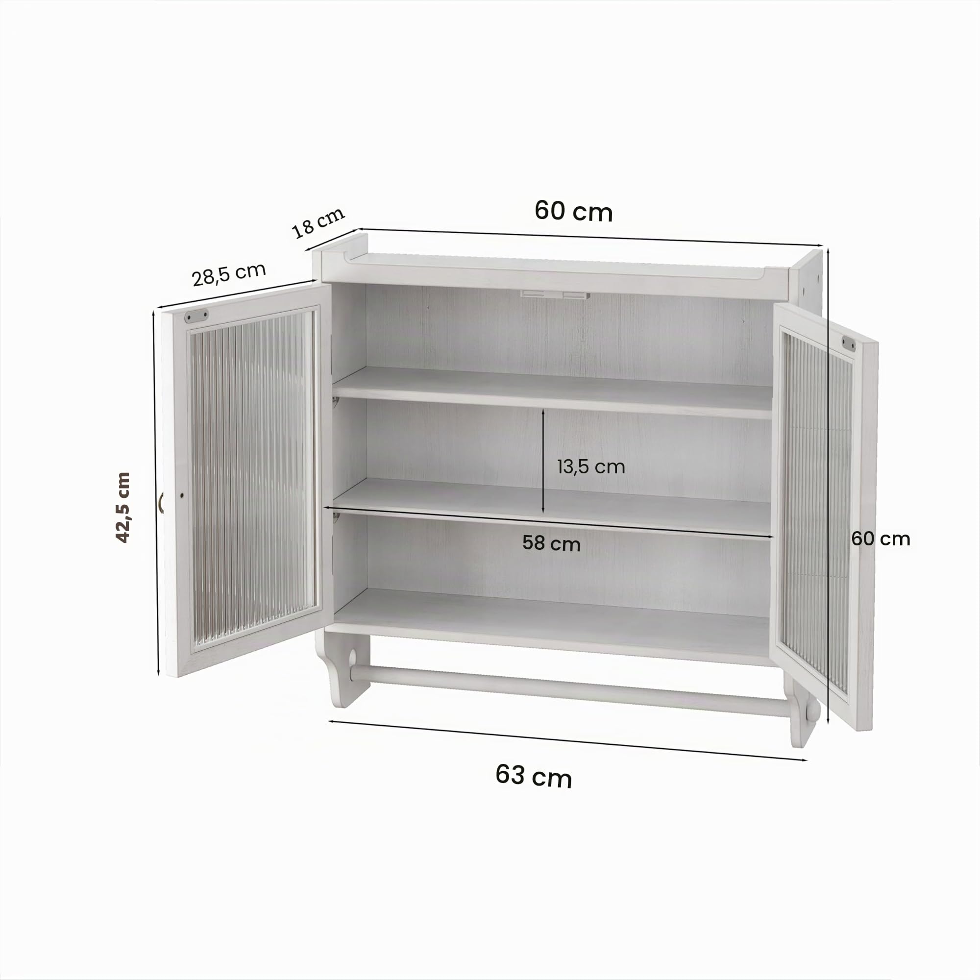 Gabinete de pared vintage de doble puerta de cristal con tres niveles de almacenamiento y estante de toalla, para baño, cocina o sala de comedor, blanco lavado (blanco)