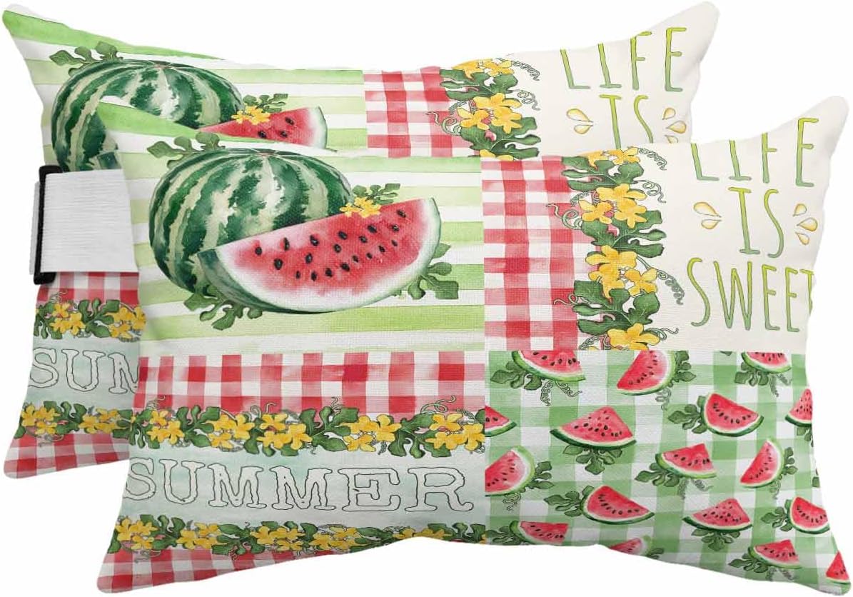 Summer Outdoor Pillows with Insert 11x16 Inch Watermelon Rustic Flowers Fruit Vintage Plaid Waterproof Headrest Pillows with Adjustable Strap Lounger Chair Throw for Patio Furnitures, 2 Pack