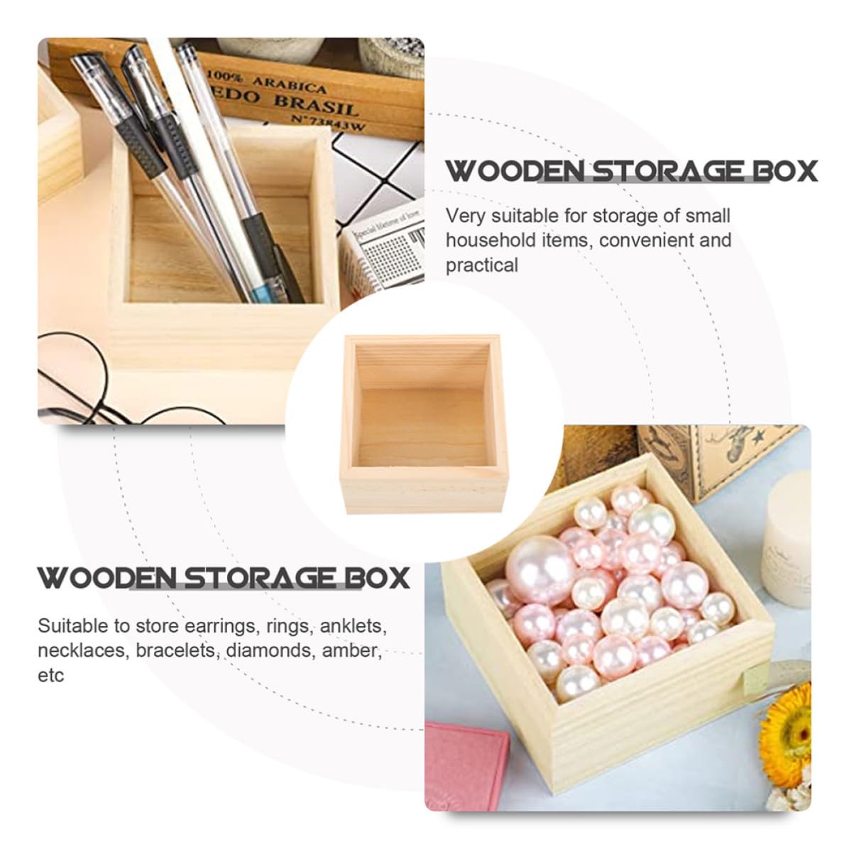 Scatole artigianali senza coperchio in legno 15x15x6 cm set 4 pezzi per ufficio e decorazioni casa per piccoli oggetti e gioielli