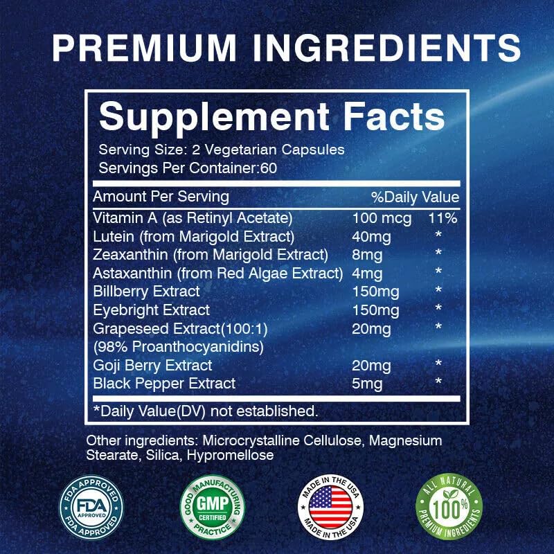 Capsules de lutéine 397 mg – Zéaxanthine – Santé de la vision, soutien de la fatigue oculaire, santé des yeux