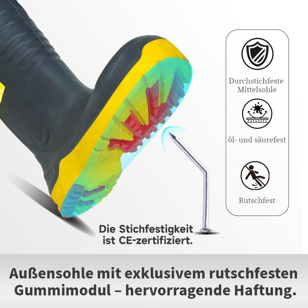 S5 Sicherheitsstiefel Herren – PU Gummistiefel mit Stahlkappe & Durchtrittschutz, säure- und ölbeständig, Wasserdicht, Rutschfest für Bau & Landwirtschaft, CE & CSA