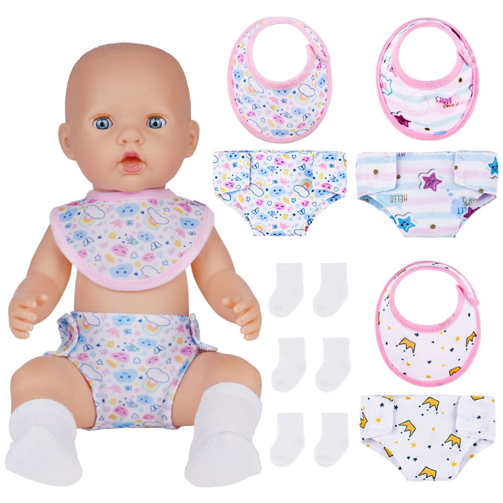 Doll Accessories Diaper, 3 Set of Doll Accessories Diaper Baby Doll Nappies, Baby Doll Nappies Bib Set Includes Bib, Diaper and Socks, Reusable For Multiple Uses