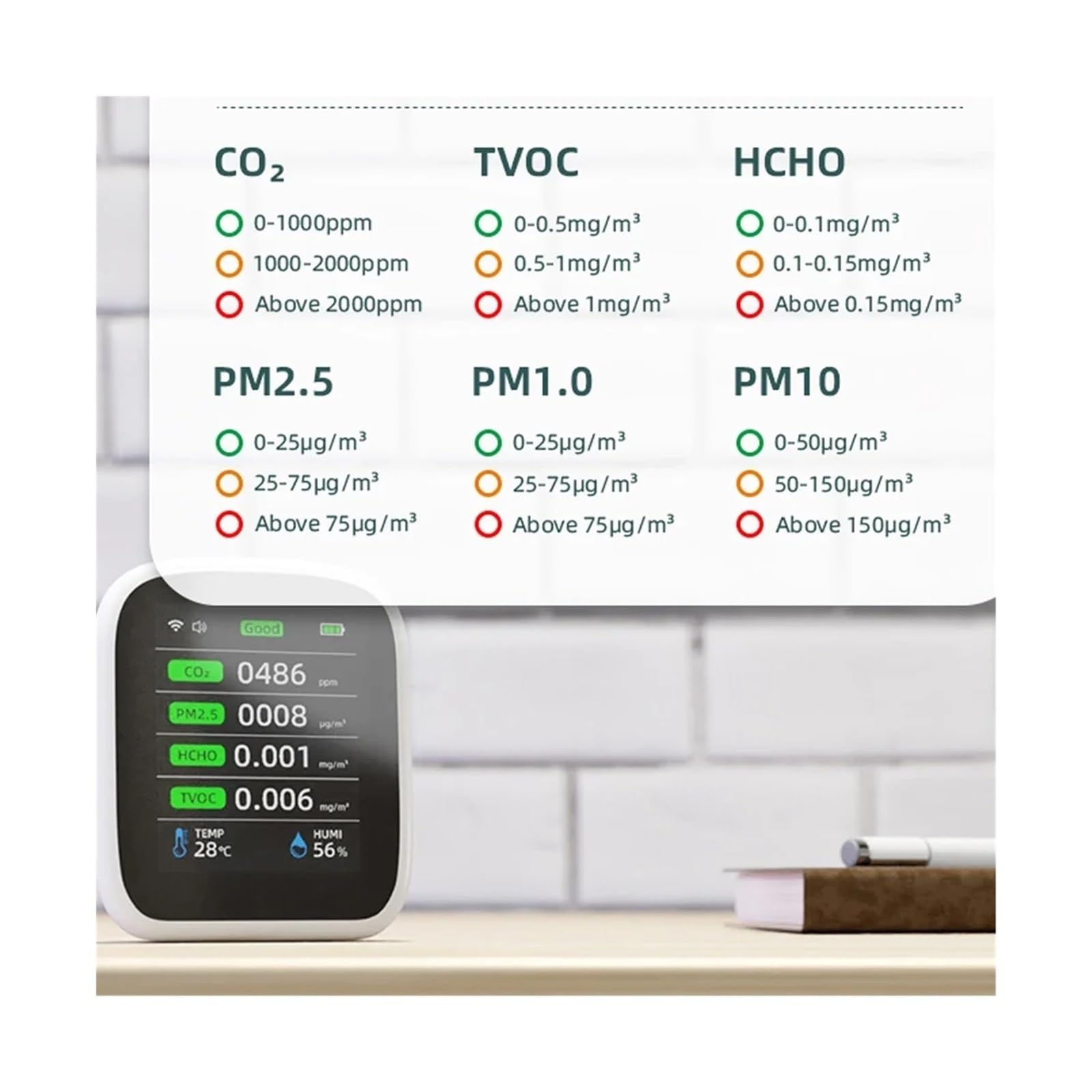 Rilevatore di gas, 8 in 1 Tuya Wifi PM1.0 PM2.5 PM10 CO2 TVOC HCHO Tester di temperatura e umidità Misuratore portatile a qualità 'aria Rilevatore anidride carbonica