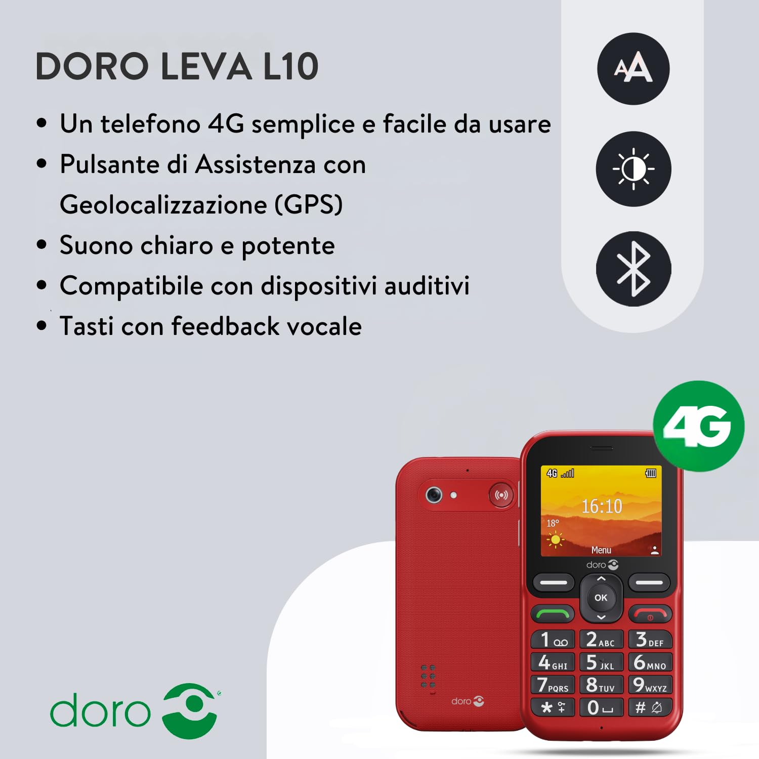 Doro Leva L10 Telefono Cellulare Sbloccato Seniors – Grande Schermo Paesaggio – Suono Potente – Fotocamera – Tasto Assistenza con Localizzazione GPS – Telefono Basic senza Internet (Grafite)