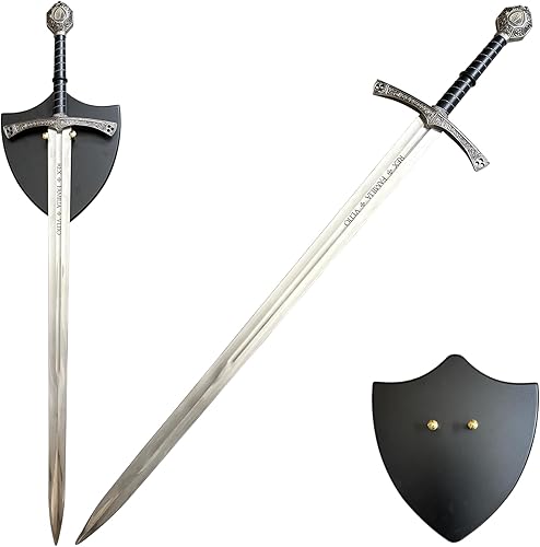 Espada medieval de acero inoxidable de 44.7 pulgadas con placa de exhibición para colección, cosplay