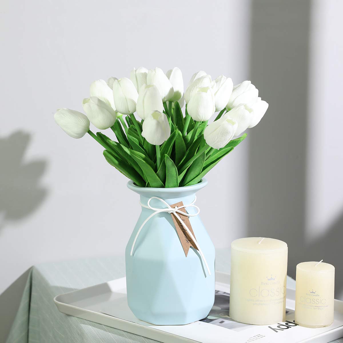HEPENG 20 Tulipani Artificiali Realistici 32 cm, Fiori Finti in PU per Decorazioni di Nozze, Casa, Giardino, Feste, Ufficio, Natale e Compleanni (bianco e rosa