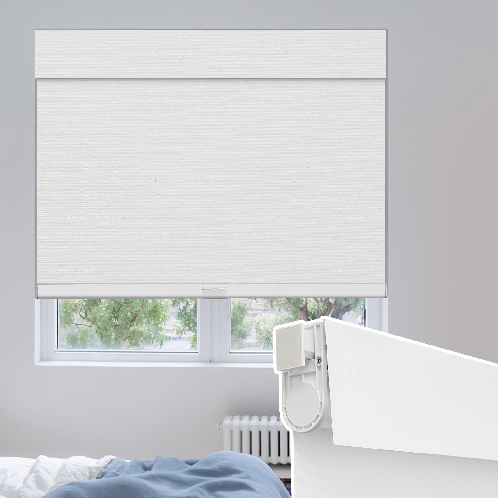 UrMoon No Drill Cordless Roller Blinds for Windows,Thermal Blackout Insulated UV Protection Waterproof Window Shades for Home Ofiice Bathroom Kitchen(Blackout-White,76cm W*180cm H）